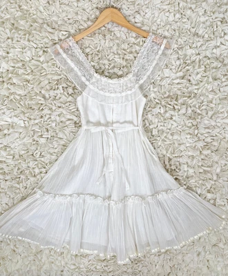 Vtg 70s 80s White Lace Cotton Dress Wedding Tea Party Prairie Folk Fairy Sz 10 ? - Image 1 of 4