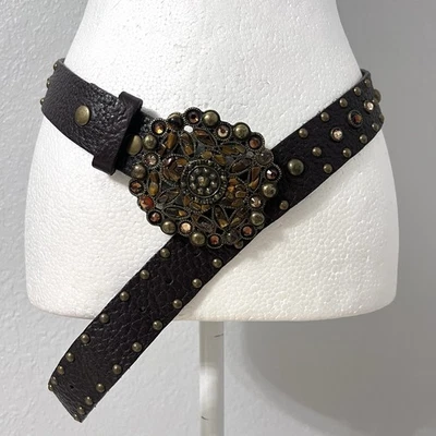 Y2K Leatherock Leather Studded Medallion Gemstone Belt Women 32 USA 6961 Boho - Image 1 of 4