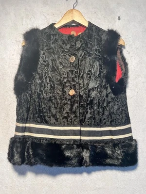 Chaleco Vintage Mujer Med Negro Conejo? Arte para usar forrado de satén rojo reversible de piel Foto 1 de 4