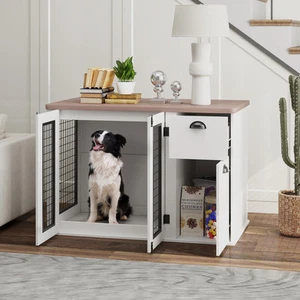 44" Furniture Dog Crate with Double Door, Storage, for M Dogs, White - Picture 1 of 11