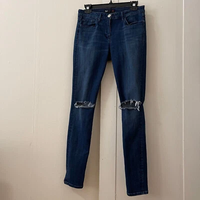 Pantalones de mezclilla ajustados desgastados 3 x 1 NYC para mujer tiro medio azul oscuro lavado 28 elásticos Foto 1 de 4