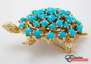 Turquoise, Diamond, 18k Yellow Gold Turtle Brooch - Picture 1 of 9