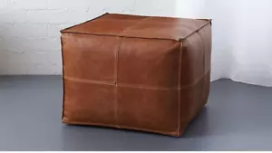 Leather Moroccan Unstuffed Ottoman Pouffe Footstool New Boho Brown Square 20'' - Picture 1 of 3