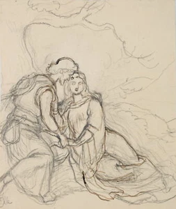 E. ILLE (1823-1900), Liebespaar sich an den Händen haltend, Bleistift Romantik - Bild 1 von 5