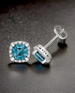 Pendientes DIAMANTES en LONDRES TOPACIO AZUL COJÍN RACIMO TACHUELAS ORO BLANCO I9CT - Imagen 1 de 4