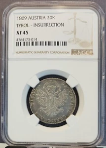 1809 AUSTRIA 20 KREUZER TYROL INSURRECTION NGC XF 45 VERY SCARCE HIGH GRADE - Picture 1 of 3