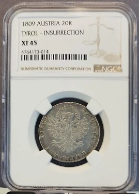 1809 AUSTRIA 20 KREUZER TYROL INSURRECTION NGC XF 45 VERY SCARCE HIGH GRADE - Image 1 of 3