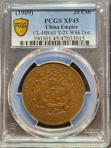 (1909) 20 Cash China Empire PCGS XF45BN CL-HB.63 Y-21 With Dot (Pop 89/527) - Picture 1 of 5