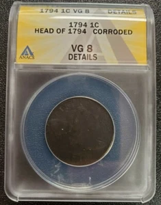 1794 Large Cent ANACS VG-8 Details Corroded Head of 1794 - ENN Coins #SE-732 - Picture 1 of 5