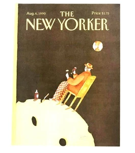 Portada de revista New Yorker agosto 1990 hombre comiendo queso suizo luna vintage - Imagen 1 de 1