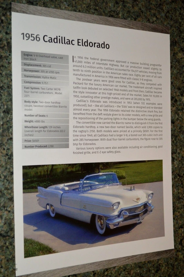 1956 CADILLAC ELDORADO CONVERTIBLE INFO SPEC SHEET PHOTO FEATURE PRINT 56 365★3 - Image 1 of 1