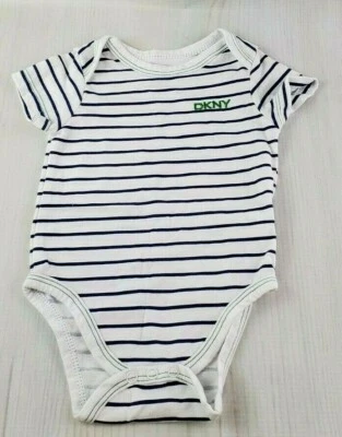 DKNY Blue & White Striped Baby One Piece Romper 3-6 Months - Embroidered Logo - Image 1 of 4