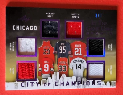 Michael Jordan GAME USED JERSEY CARD #d3/7 Scottie Pippen BOBBY HULL Dent BULLS - Image 1 of 3