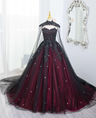 Gothic Black and Red Wedding Dresses with Cape Vintage Beaded Bridal Gowns - Image 1 of 4