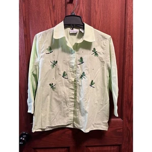 Vintage Breckenridge bestickt Libelle Knopfleiste Top grün Gingham Petite Medium - Bild 1 von 5