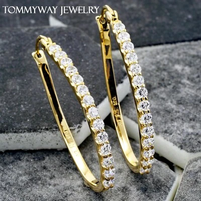 925 Sterling Silver Gold Plated Gorgeous 1.68 Carat CZ Oval Hoop Earrings - Image 1 of 4