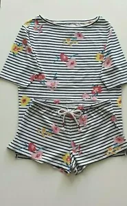 Neu Damen Kurz Pyjama Set Weiß Blumen Streifen Ex High Street 100% Baumwolle - Bild 1 von 9