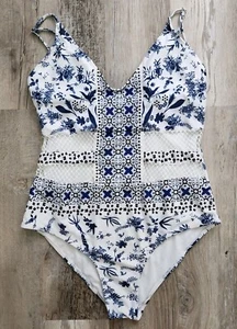 One Piece Damen-Badeanzug blau weiß extra groß (läuft klein) V-Ausschnitt Neckholder - Bild 1 von 3