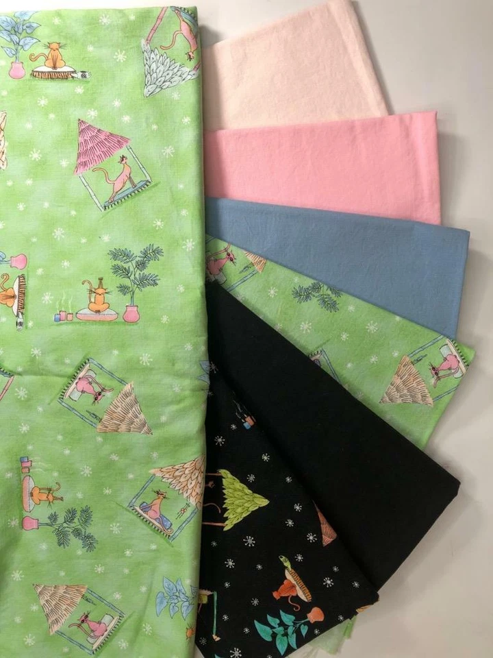 Quilters Project Bundle 5.6 Yards Tiki Cats Mint, Pink, Black Blank Textiles Inc - Image 1 of 4