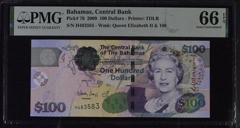 Bahamas 100 Dollars 2009 P 76 Gem UNC PMG 66 EPQ Cover