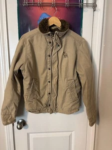 Abercrombie & Fitch ADIRONDACK Men's Tan Faux Fur Collar Moose Full Zip Jacket L - Picture 1 of 8