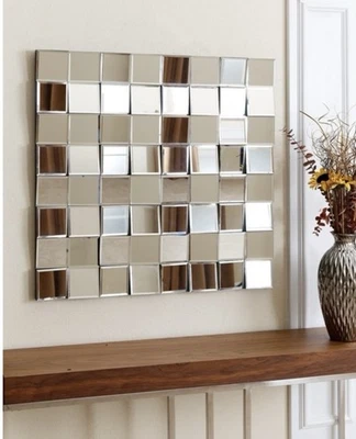 Modern Silver Square Wall Mirror Woven Effect Mirrored Pieces 31.5WX1.5LX31.5H - Image 1 of 4