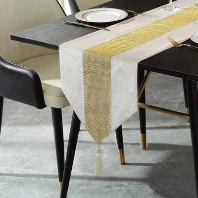 Shiny Bling Gold White Thick Velvet Tassels Deco Wedding Bed Table Runner Cloth - Image 1 of 4