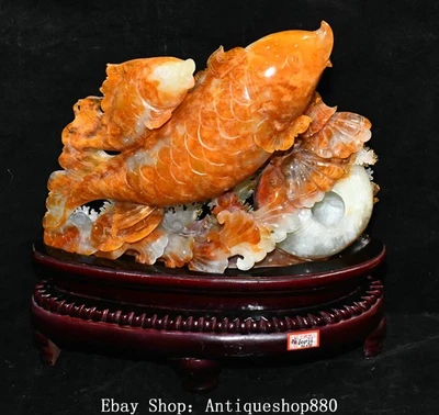 Estatua de peces Fengshui talla de jade natural chino Xiuyu de 14,1"" Foto 1 de 4