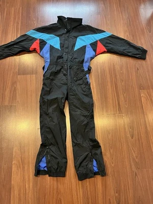 Traje de nieve vintage años 80 90 para hombre esquí de una pieza negro bloqueo de color grande retro Foto 1 de 4