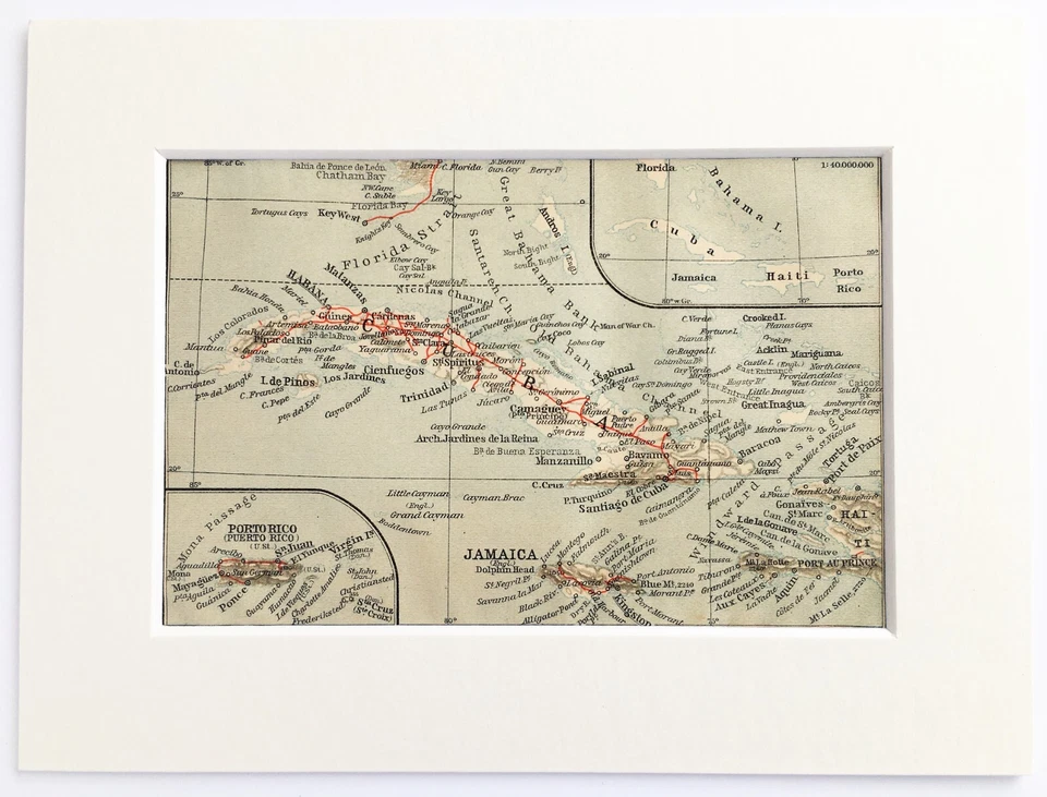 CARIBBEAN, CUBA JAMAICA PUERTO RICO etc Area Plan - 1909 Mounted Antique Map - Image 1 of 1