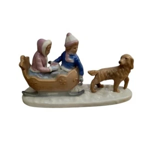 Meici Charming Figurine with Children and Dog On Sled Winter Christmas Holiday - Picture 1 of 6
