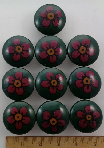 10 round 1.5" green & purple flower wooden knobs for dresser drawer - no screws Cover