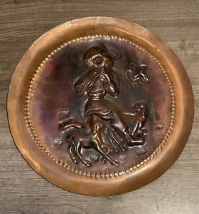 Vintage hand made engraved copper wall hanging plate flute player With Animals - Picture 1 of 7