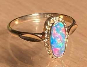 Opal Ring Solid 9ct Gold Australian Opal Doublet 9x4mm Size "L" UK / 5.5 US - Picture 1 of 14