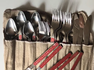 VINTAGE MCM Oxford Hall red enamel Stainless Forks knives spoon Japan Silver 24 - Picture 1 of 15