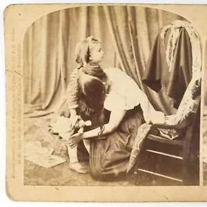 Mother Tending Injured Girl Stereoview c1877 Weller China Head Doll Child H472 - Picture 1 of 4