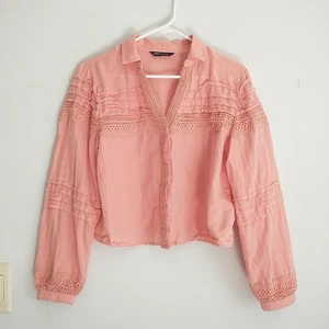 M&S Collection Blouse Shirt Top Womens 12 Pink Linen Lace Crochet Puff Pleated - Picture 1 of 11
