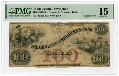 1800s $100 The Grocers and Producers Bank - Providence, RHODE ISLAND Note PMG 15 - Image 1 of 2