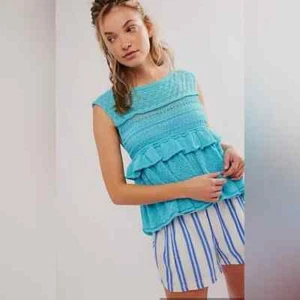 New ! Free People Juliette Ruffle Crochet Top NWOT Size L Blue/Turquoise - Picture 1 of 9