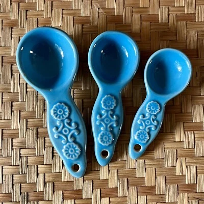 Ceramic Pottery Turquoise Blue Measuring Spoons Set Decorative Nesting Flower - Image 1 of 4