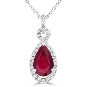 1.8 CT Pear Red Ruby Halo Pendant Necklace 14K White Gold - Picture 1 of 2
