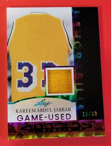 KAREEM ABDUL JABBAR GAME USED JERSEY CARD #d18/60 2024 LEAF MEMORABILIA LAKERS - Picture 1 of 3
