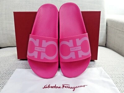 NIB Salvatore Ferragamo Gancini Groovy Pool Slides Slippers Pink Flamingo sz 7 B - Image 1 of 4