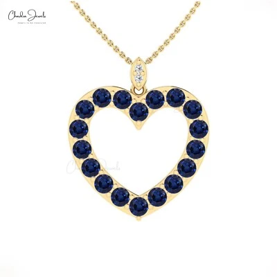 14k Solid Gold 3.5mm Blue Sapphire Heart Pendant with Diamonds Wedding Jewelry - Image 1 of 4