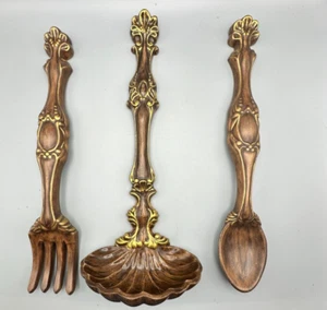 Vintage Ceramic Arnels Brown Fork Spoon and Ladle Set Wall Hanging Kitchen Decor - Picture 1 of 14
