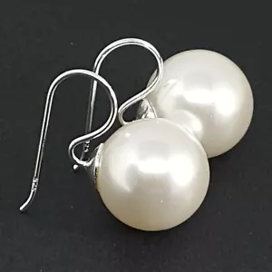 Classic Large 12mm White Pearl Drop Dangle Earrings On 925 Sterling Silver Hooks - Picture 1 of 10