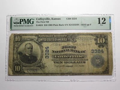 $10 1902 Coffeyville Kansas KS National Currency Bank Note Bill Ch #3324 F12 PMG - Image 1 of 3