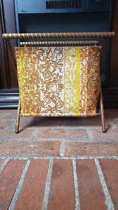 VTG Folding Sewing Knitting Basket Tote Boho Ikat Fabric Turned Wood Handles - Picture 1 of 20