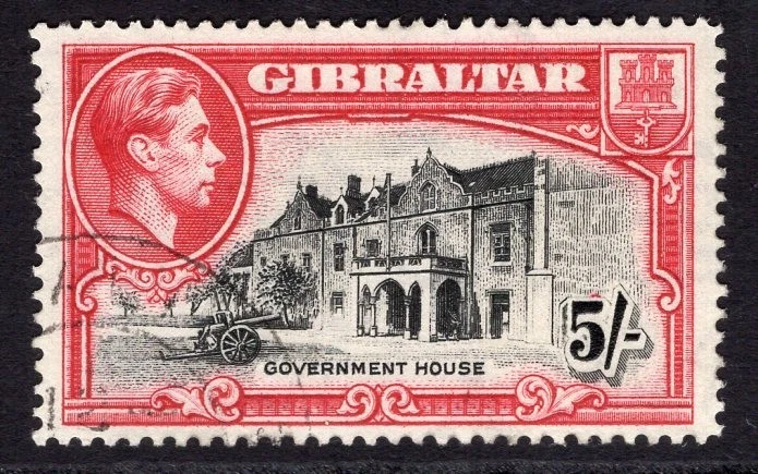 GIBRALTAR 1938-51 KGVI DEFINITIVO 5/- NEGRO Y CARMÍN CDS MUY FINOS USADO SG 129 Foto 1 de 1