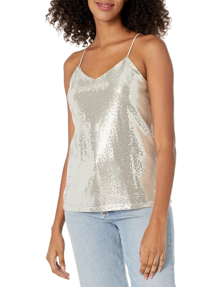 Camisola Anne Klein lentejuelas cuello en V en latte claro/plateado, talla pequeña Foto 1 de 1